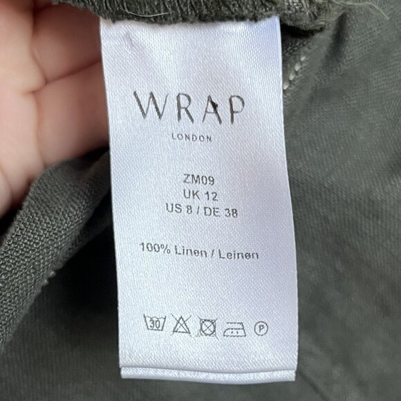 Wrap London 100% Linen Tapered Trousers Olive Green Utility Style Size 8 - Picture 10 of 10